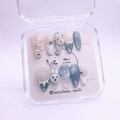 Snowflake Bunny Christmas Nails