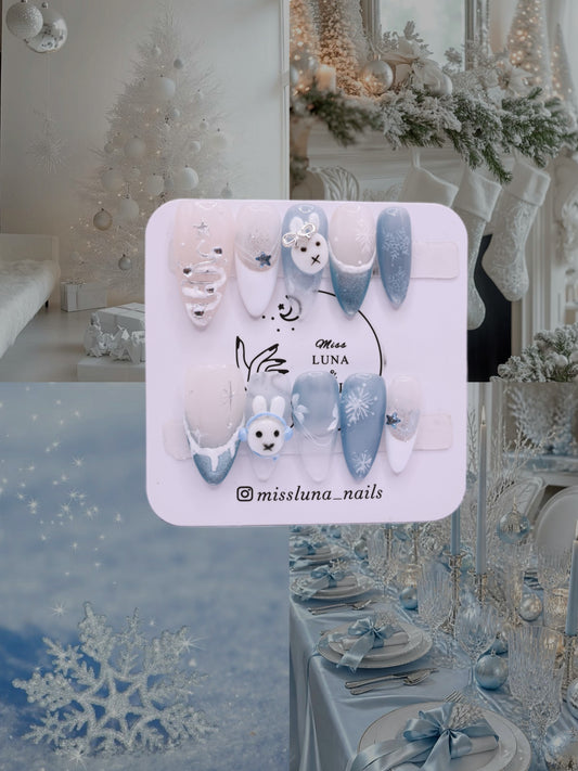 Snowflake Bunny Christmas Nails